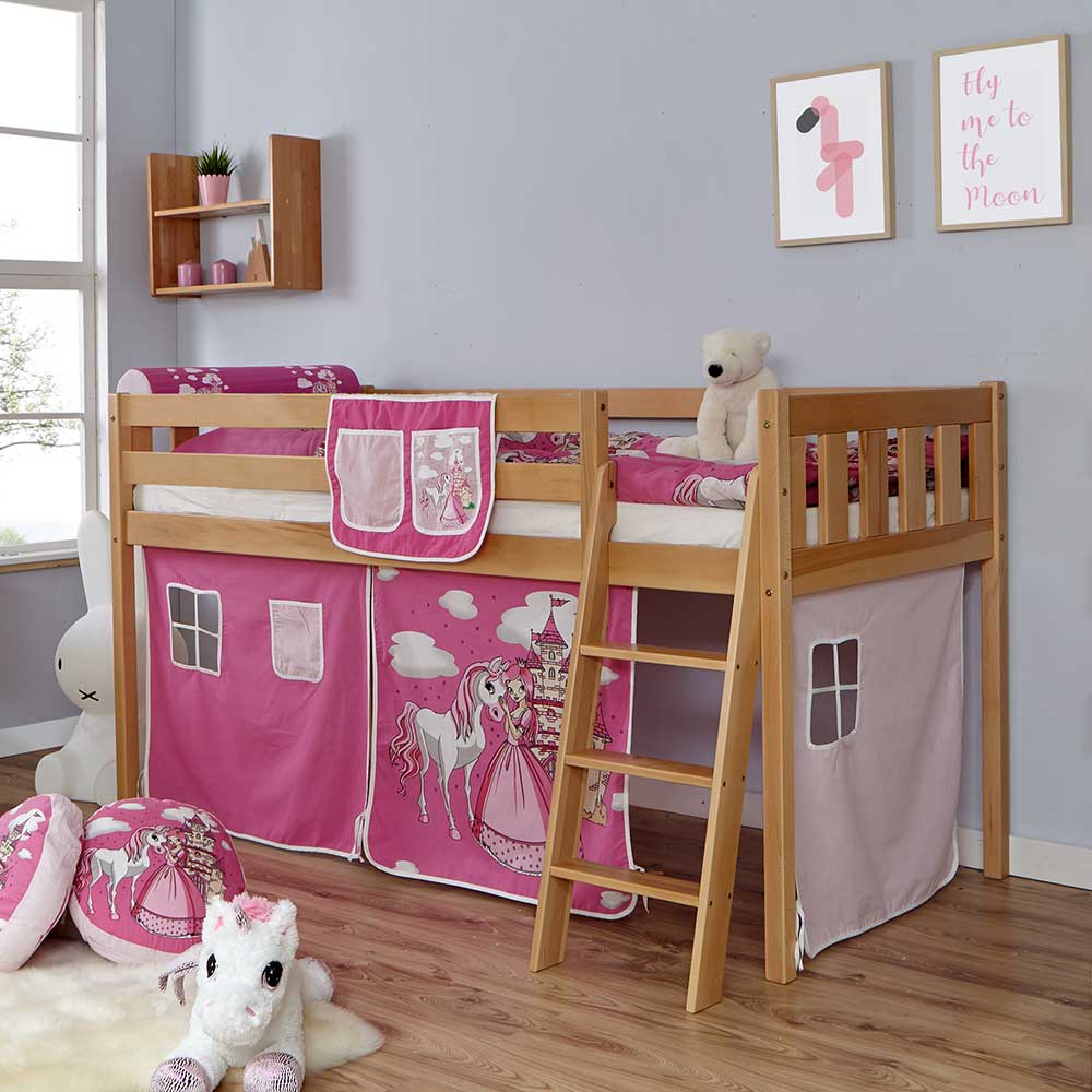 Massivio Kinderhochbett aus Buche Massivholz Webstoff in Pink und Rosa