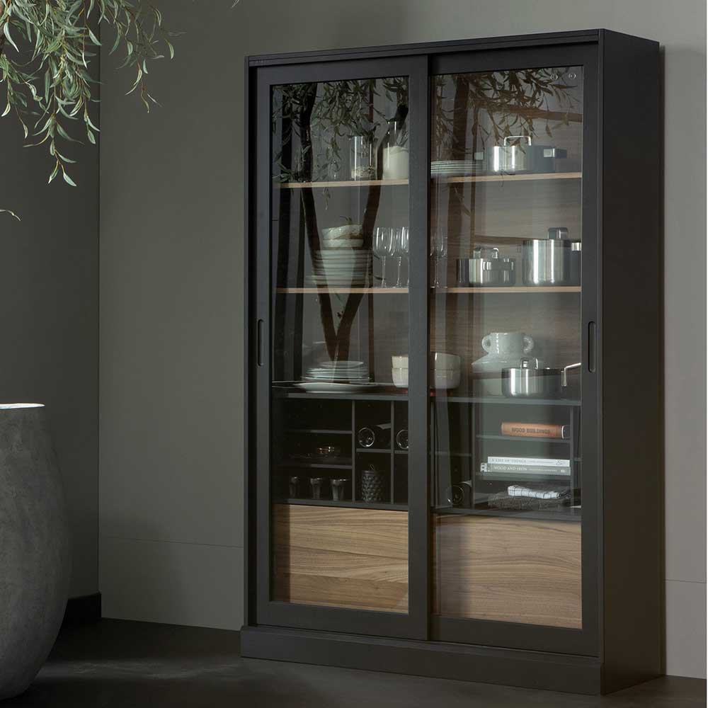 Basilicana Schrank Vitrine in Nussbaumfarben und Schwarz 125 cm breit