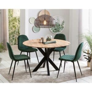 Massivio Design Esszimmergruppe mit rundem Tisch dunkelgrünen Polsterstühlen (fünfteilig)