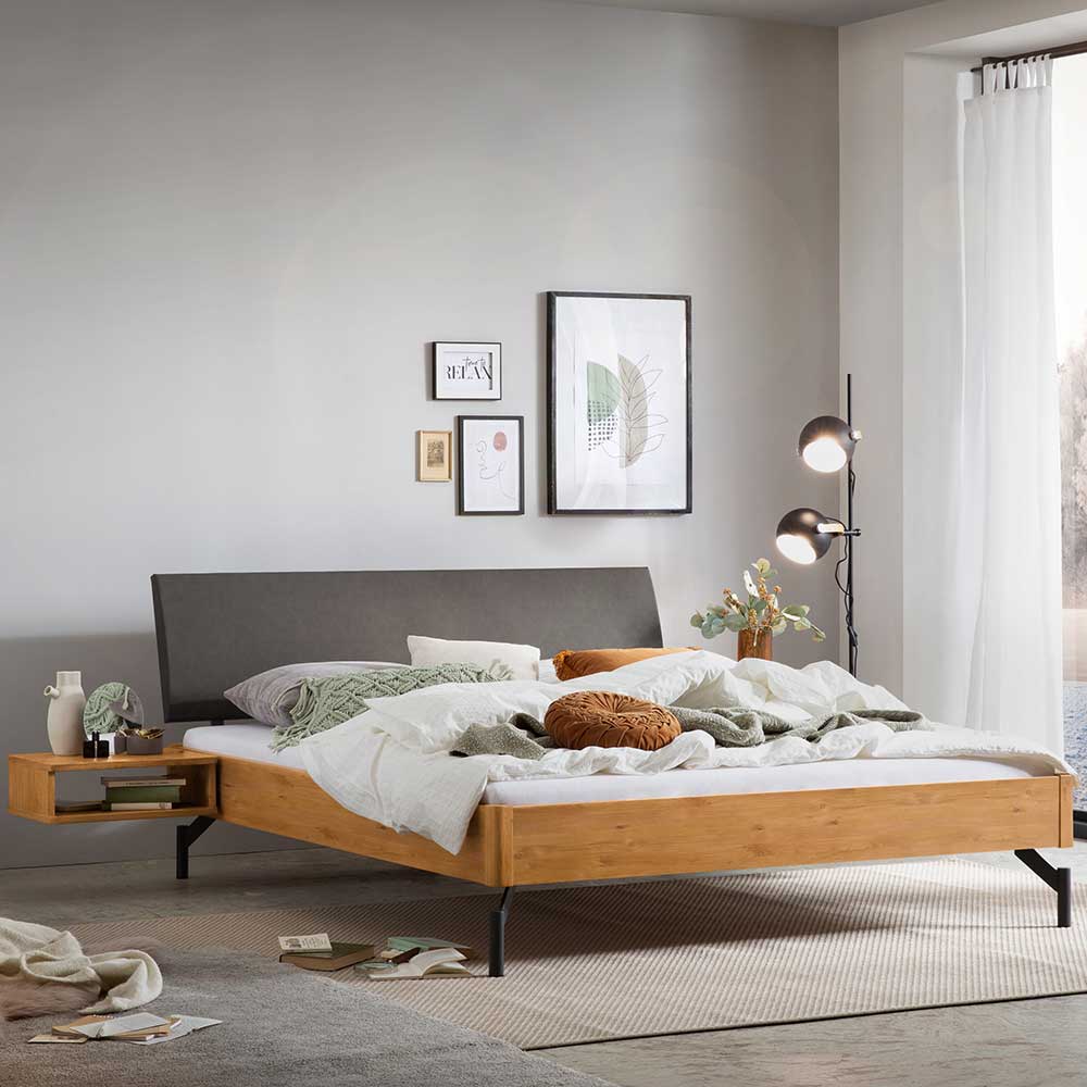 TopDesign Massivholz Bett mit Kopfpolster aus Wildeiche Massivholz Metall