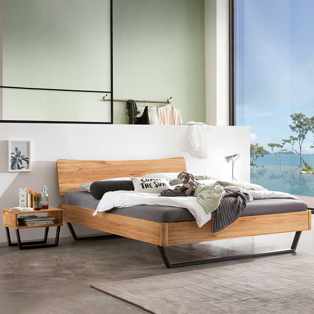 TopDesign Breites Bett 140x200 cm aus Wildbuche Massivholz Stahl