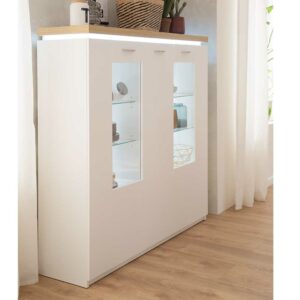 TopDesign Highboard Vitrine in Weiß und Wildeiche Optik LED Beleuchtung