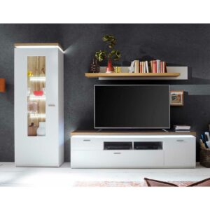 TopDesign TV Wohnwand in Weiß und Wildeiche Optik LED Beleuchtung (dreiteilig)