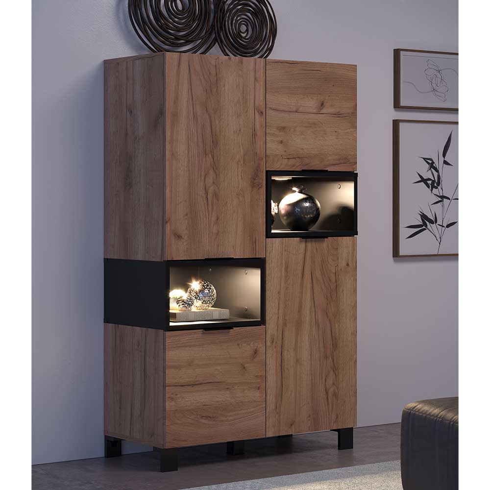 TopDesign Wohnzimmerschrank modern in Eiche dunkel und Schwarz 140 cm hoch