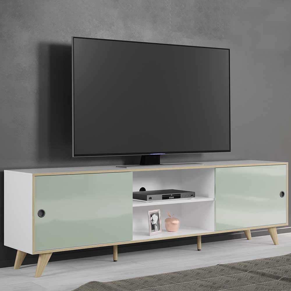 iMöbel Skandi Stil TV Lowboard in Weiß und Mintgrün Hochglanz 217 cm breit