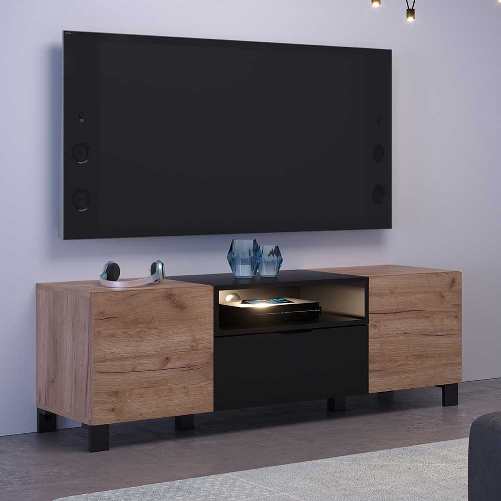 TopDesign Fernsehlowboard modern in Eiche dunkel und Schwarz 144 cm breit