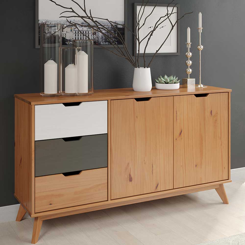 iMöbel Kiefer massiv Sideboard im Skandi Design drei Schubladen und zwei Türen