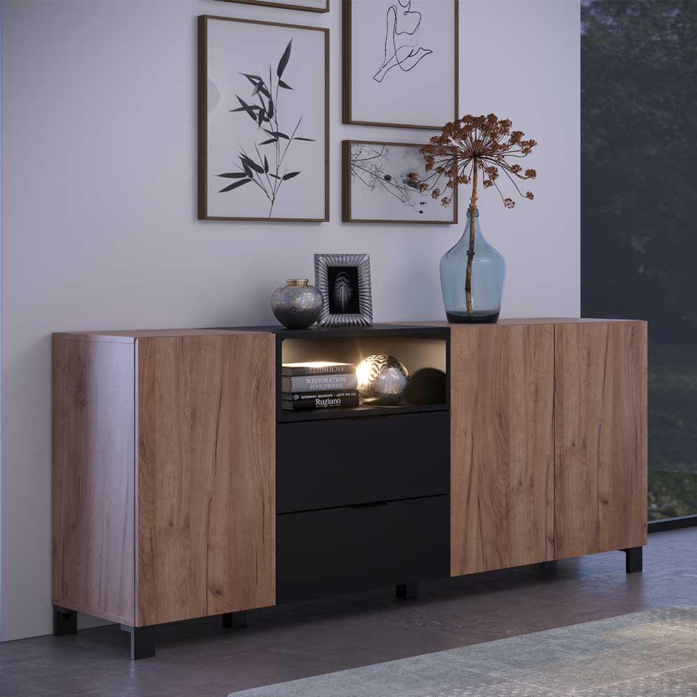 TopDesign Sidebord modern zweifarbig in Eiche dunkel und Schwarz 185 cm breit