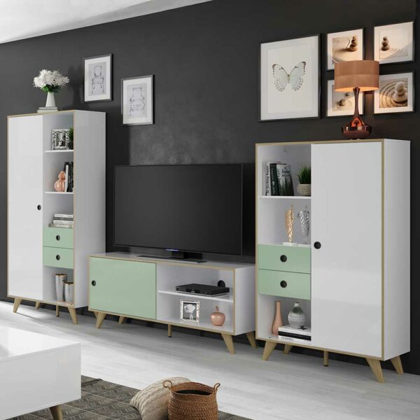 iMöbel Skandi Design Wohnwand in Weiß und Mintgrün Hochglanz (dreiteilig)