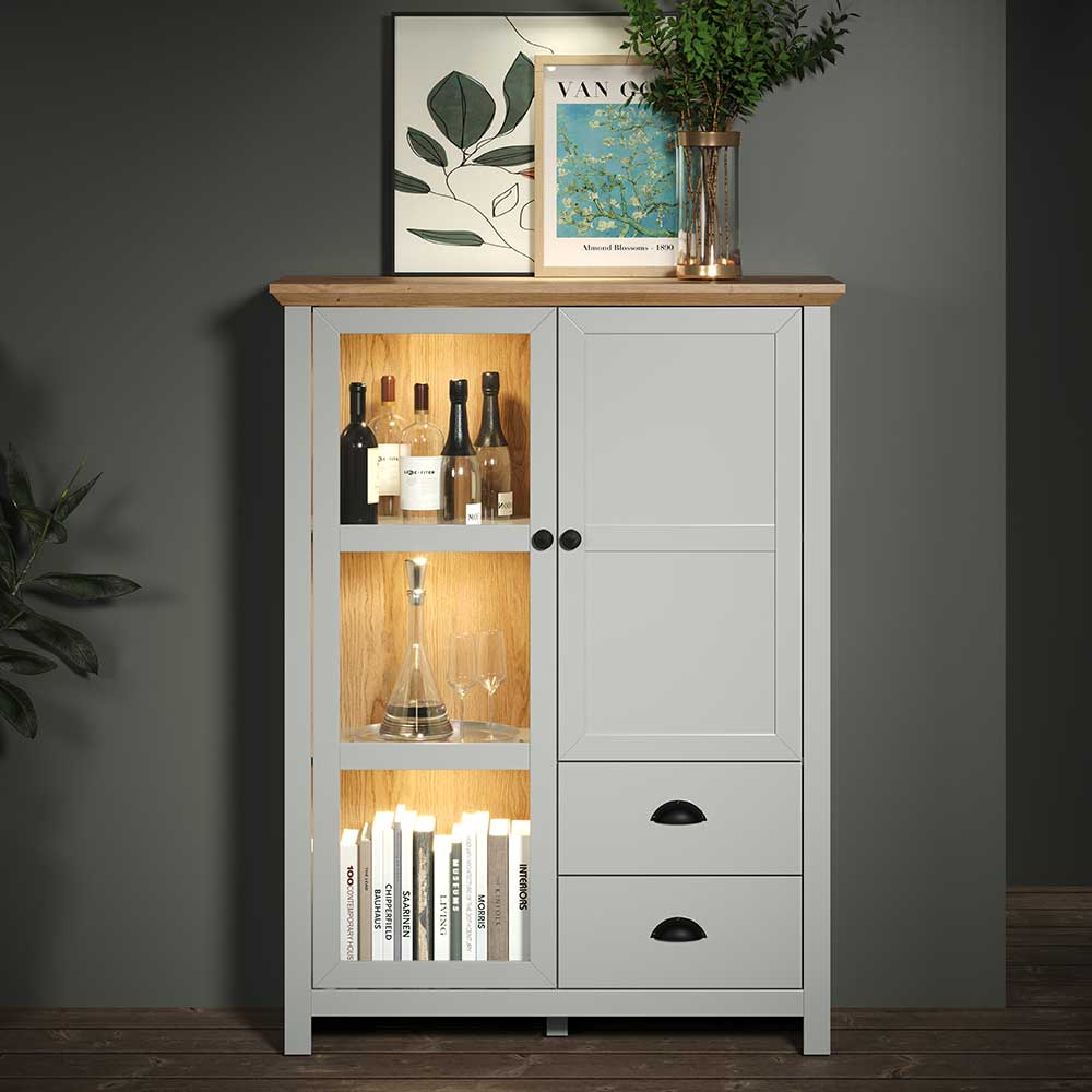 TopDesign Esszimmer Highboard im Landhausstil Glastür und Schubladen