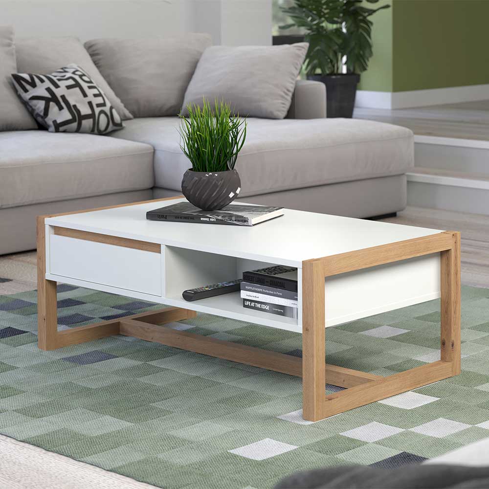 TopDesign Sofa Tisch Skandi in Weiß und Wildeiche NB zwei Schubladen