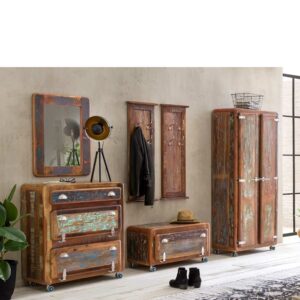 Möbel Exclusive Garderobenkombination im Shabby Chic Design Bunt aus Recyclingholz (sechsteilig)