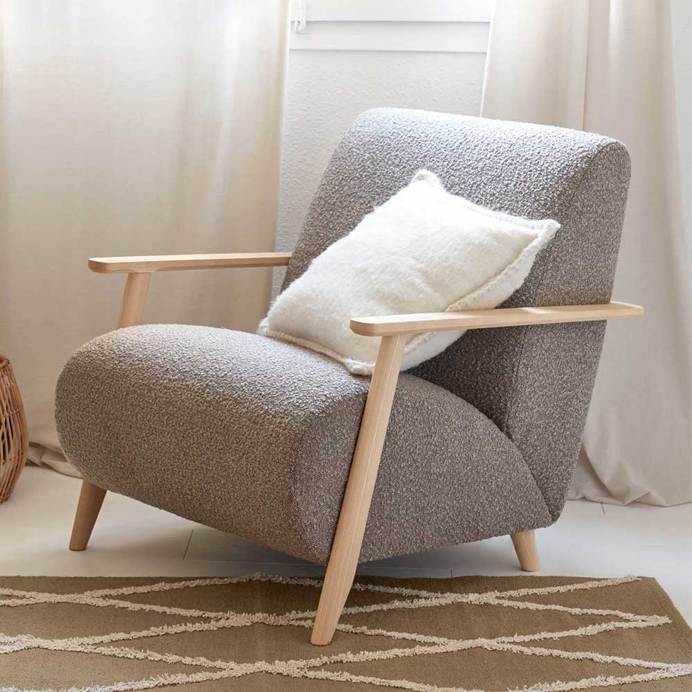 4Home Retro Stil Lounge Sessel aus Chenillegewebe Holz Armlehnen