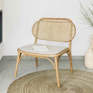 4Home Lounge Sessel in Beige Rattangeflecht und Ulme Massivholz