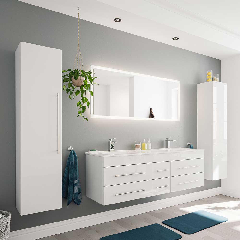 Möbel4Life Hochglanz Badezimmer Set mit Doppel Waschtisch Weiß (vierteilig)
