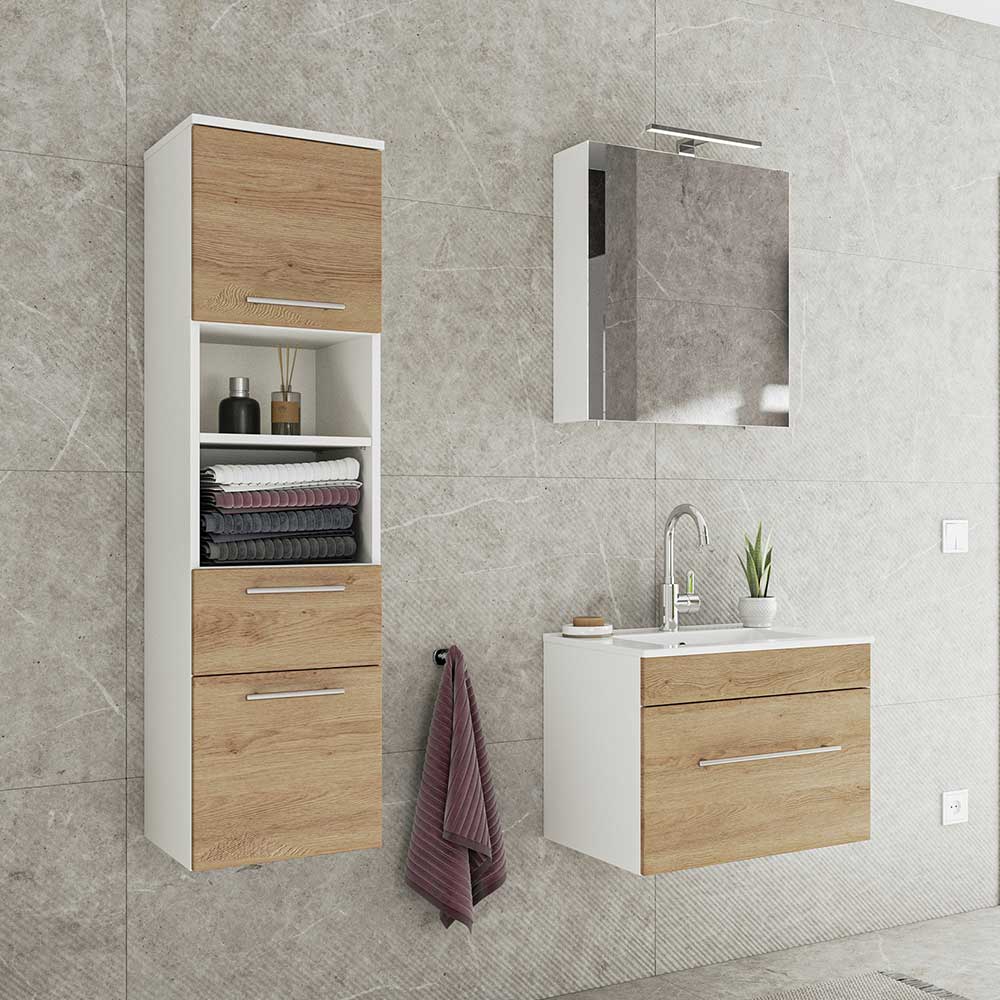 Möbel4Life Badezimmermöbel Set in Weiß und Eichefarben modern (dreiteilig)