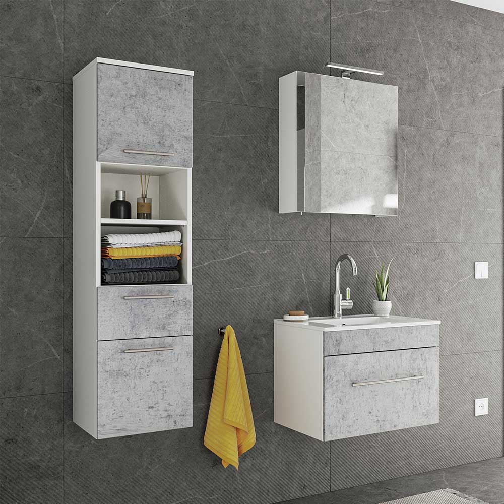 Möbel4Life Design Badezimmer Set in Beton Grau und Weiß LED Beleuchtung (dreiteilig)