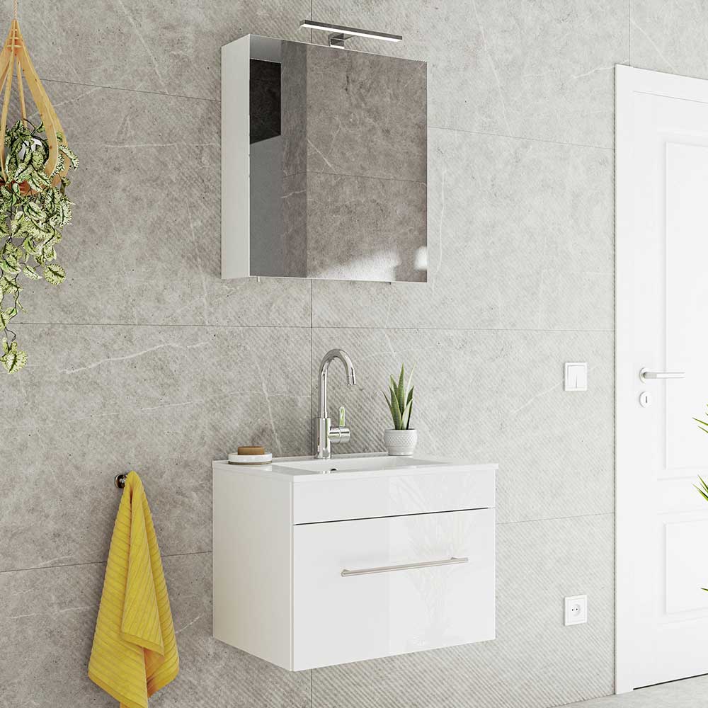Möbel4Life Waschtisch und Spiegelschrank in Weiß Hochglanz modern (zweiteilig)