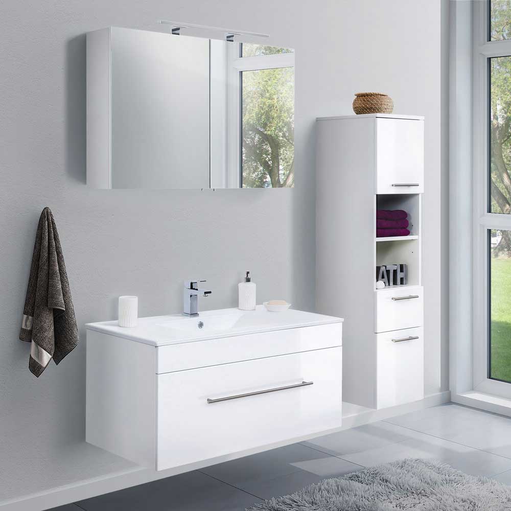 Möbel4Life Badezimmerset in Hochglanz Weiß LED Spiegelschrank (dreiteilig)