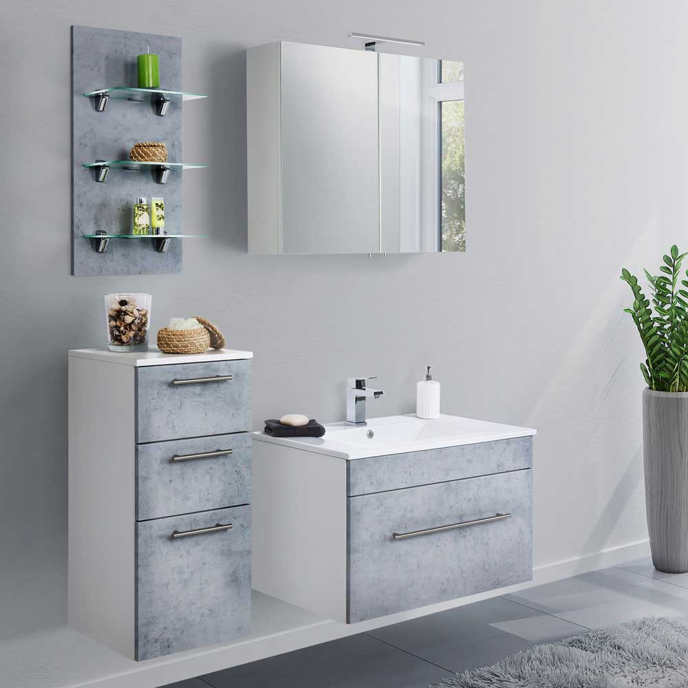 Möbel4Life Badezimmer Set in Beton Grau und Weiß LED Beleuchtung (vierteilig)