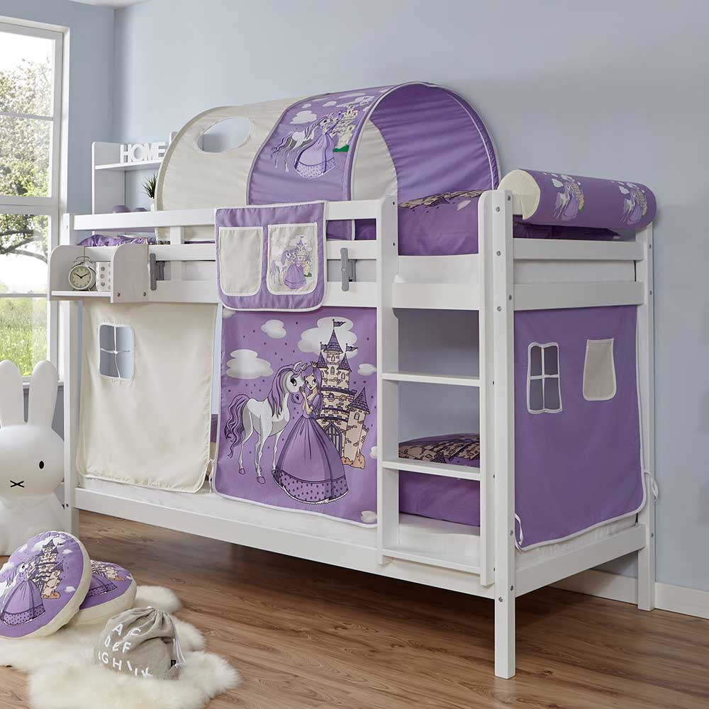 Massivio Kinderstockbett in Weiß Lila und Beige Prinzessin Motiv