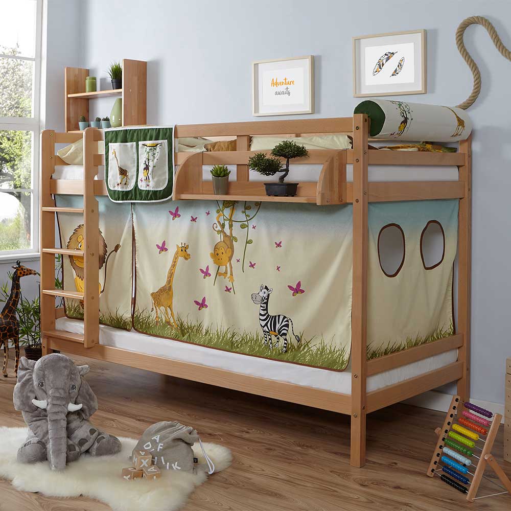 Massivio Kinderstockbett aus Buche Massivholz und Webstoff Zootier Motiv