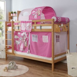 Massivio Prinzessin Etagenhochbett aus Buche Massivholz Webstoff in Pink und Rosa