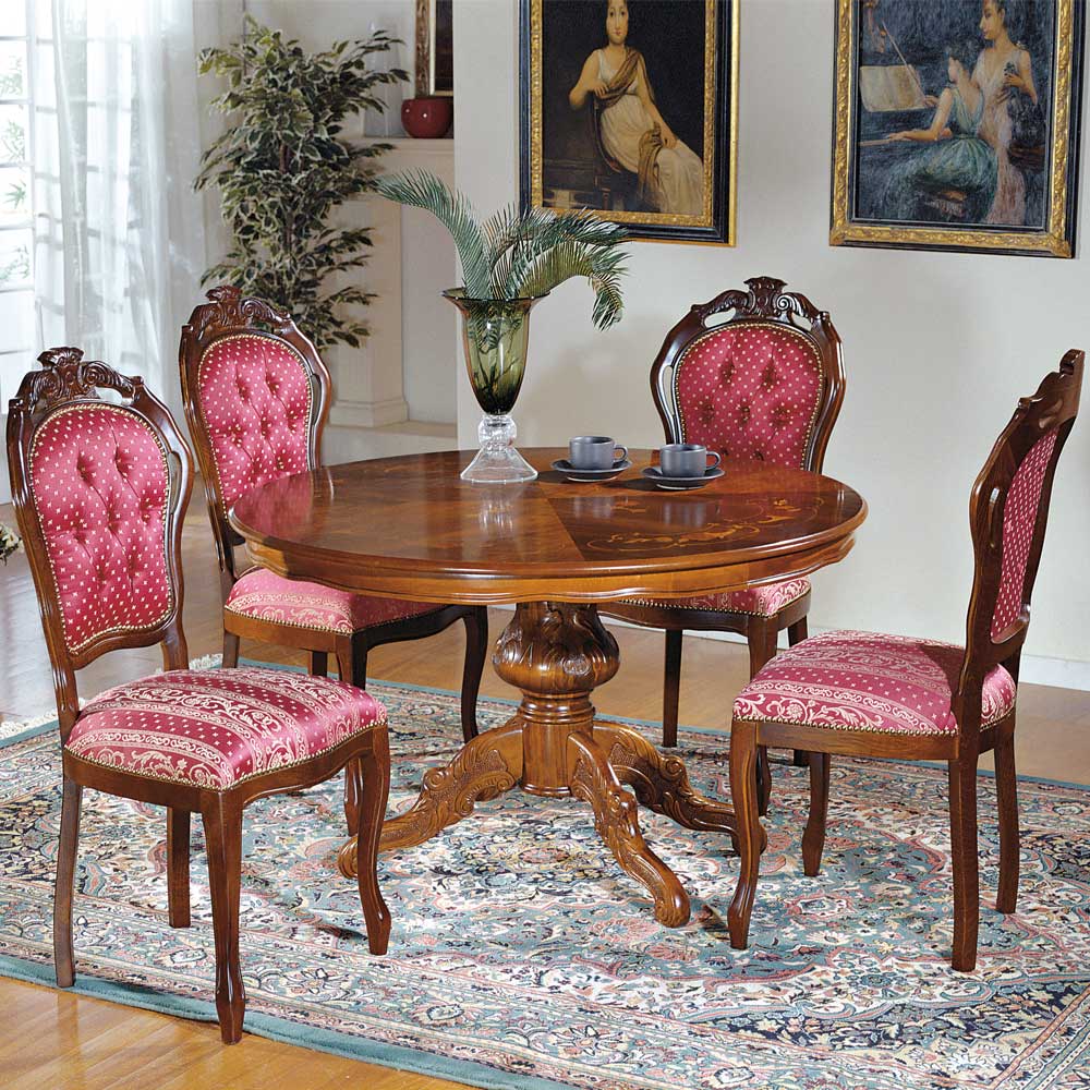 Basilicana Runder Tisch und 4 Stühle im Barock Design Rot und Nussbaum (fünfteilig)