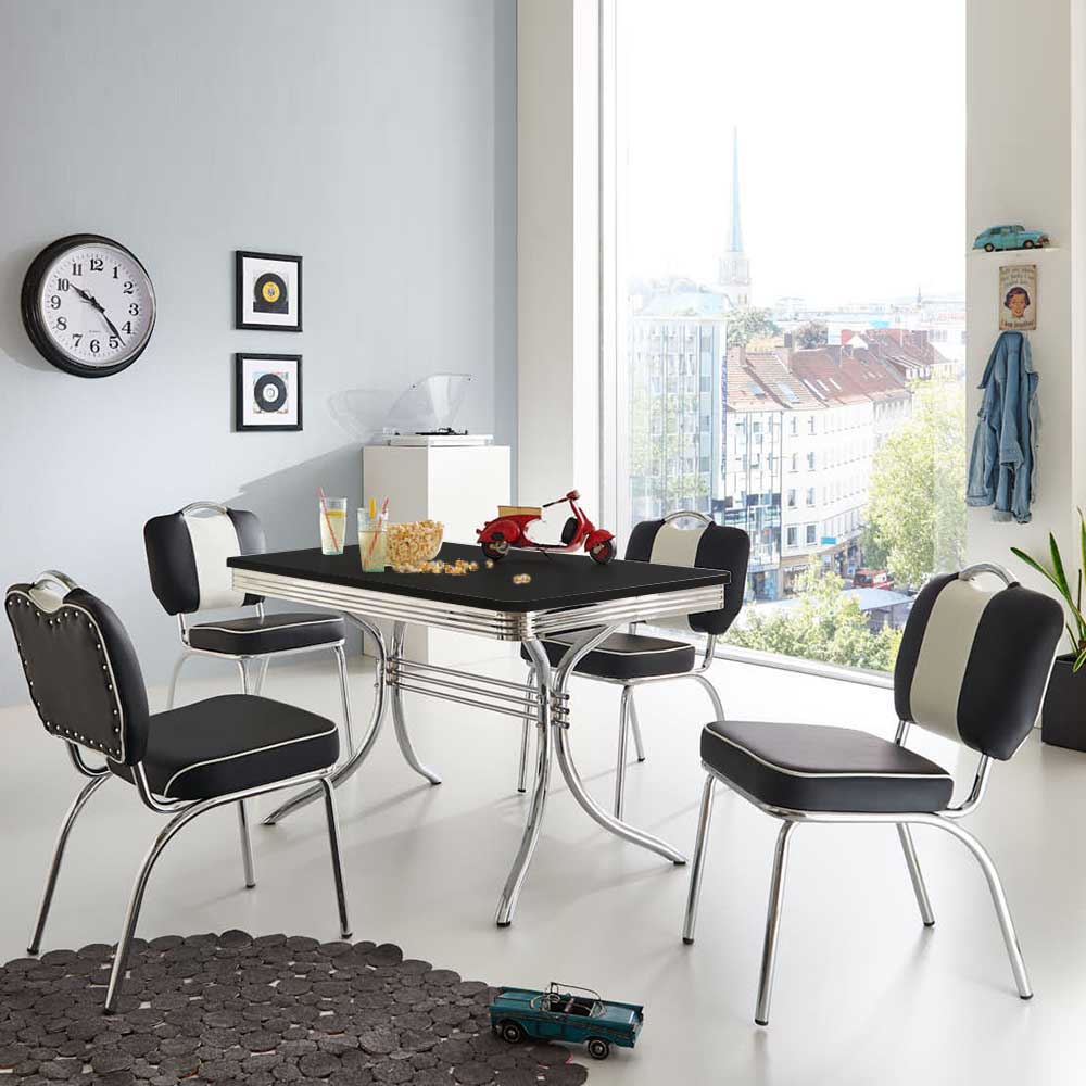 Brandolf Tisch mit 4 Stühlen in Schwarz Weiß gestreift Retro Design (fünfteilig)