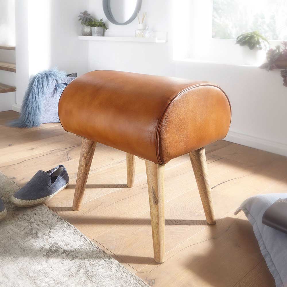 Möbel4Life Holzhocker mit Echtleder Sitzfläche in Cognac Braun rustikalen Landhausstil