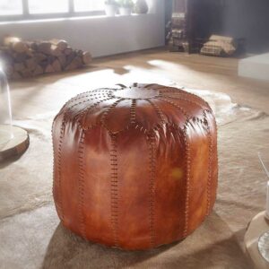 Möbel4Life Echtleder Pouf in Cognac Braun rustikalen Landhausstil