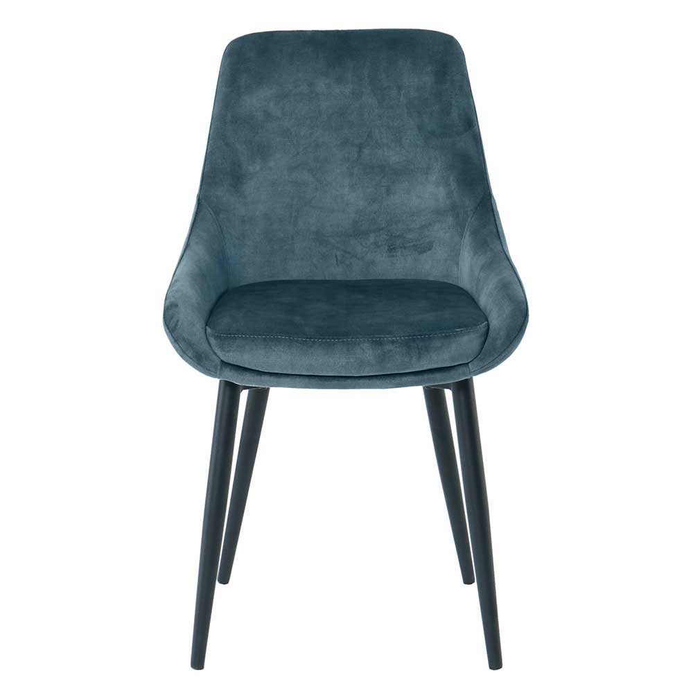 Möbel Exclusive Blaue Samt Stühle mit Gestell aus Metall Schwarz (2er Set)