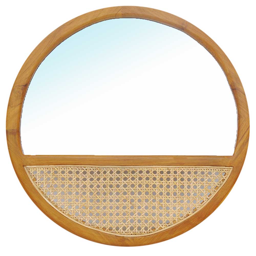 Möbel Exclusive Garderobenspiegel 60 cm aus Teak Massivholz und Rattan Skandi Design