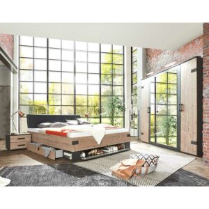 Star Möbel Schlafzimmer im Loft Style in Tannenfarben Dunkelgrau (vierteilig)