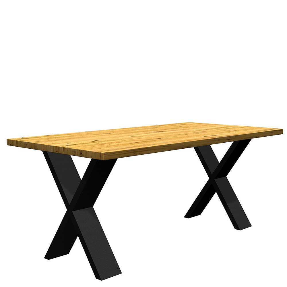 Natura Classico Massiver Tisch aus Eiche und Metall X Gestell in Schwarz