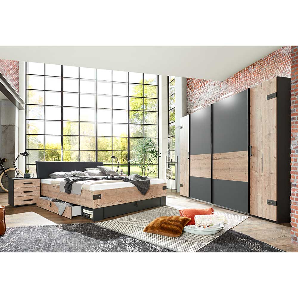 Star Möbel Schlafzimmer Set Industrial in Tannenfarben Dunkelgrau (vierteilig)