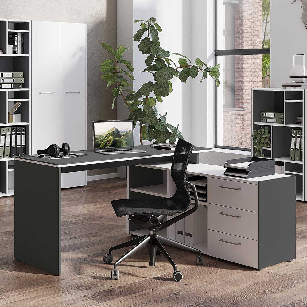 Möbel Exclusive Schreibtisch mit Schrank in Weiß Dunkelgrau