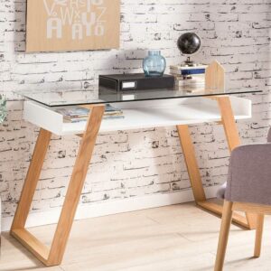 Rodario Designschreibtisch in Weiß und Eiche Massivholz Glasplatte
