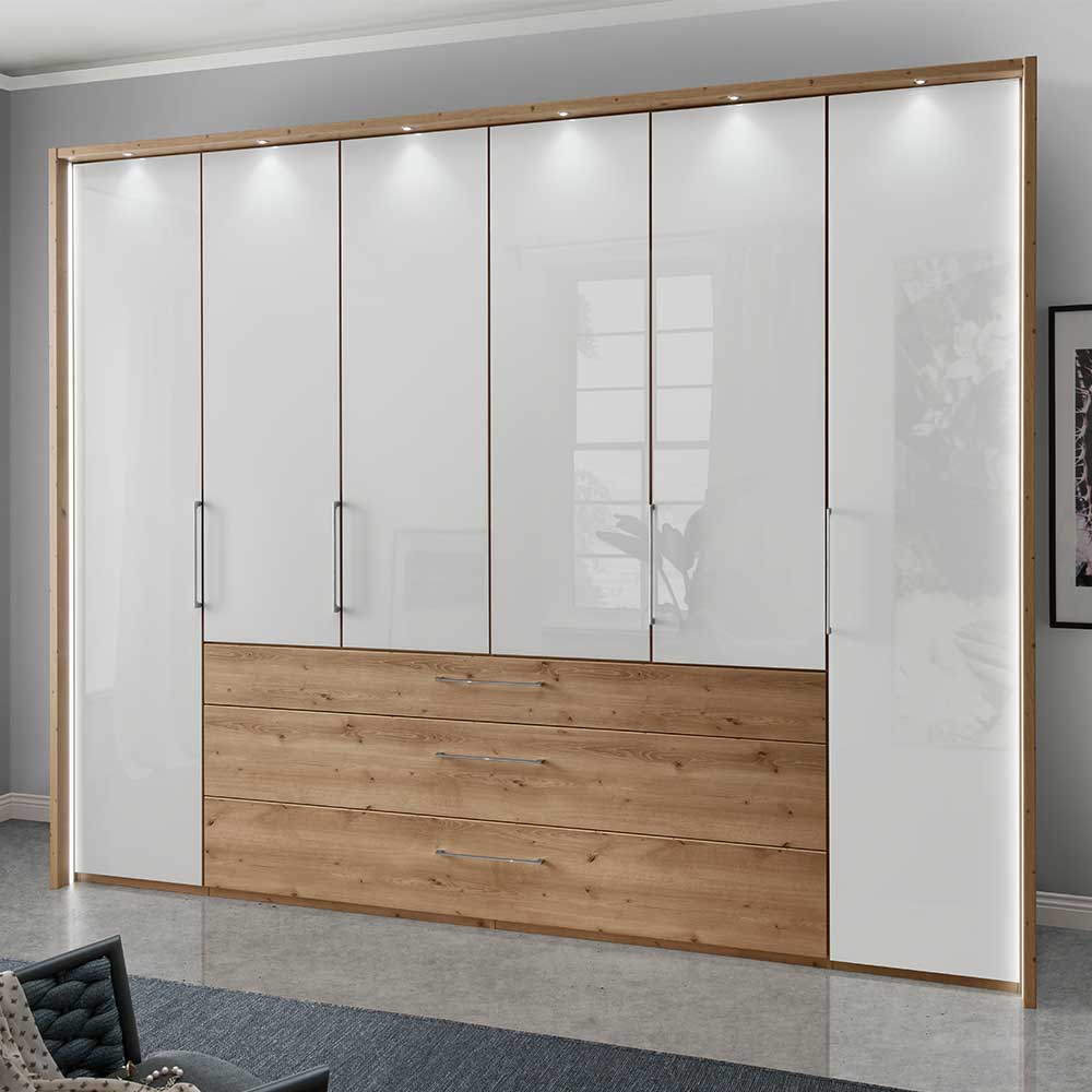 Franco Möbel XXL Schlafzimmerschrank in Eiche Bianco Weiß Glasfront