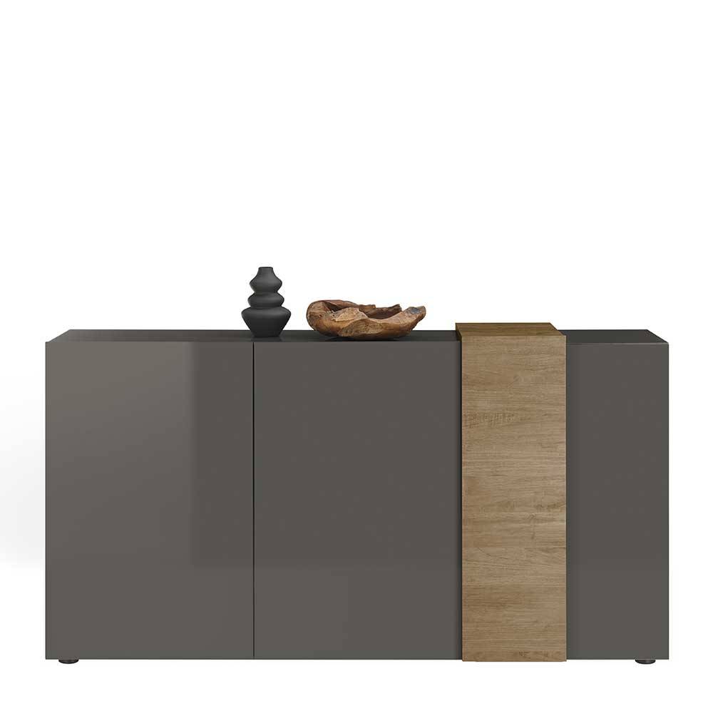 TopDesign Design Sideboard in Dunkelgrau und Eichefarben 3 Drehtüren