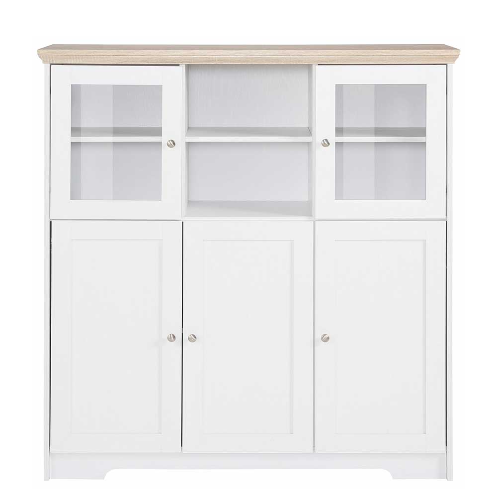 Möbel4Life Landhaus Highboard Vitrine in Weiß und Eiche Optik 125 cm breit