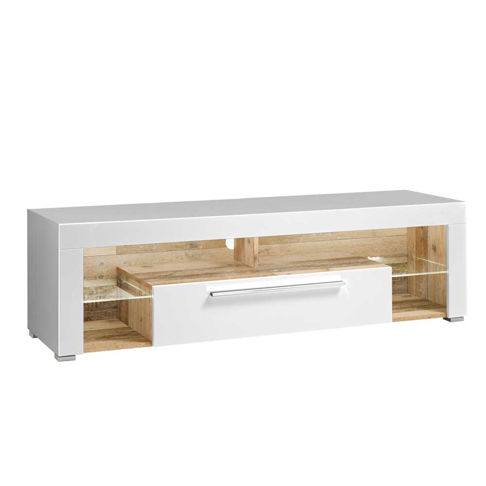 Möbel4Life TV Lowboard in Weiß und Holz Antik LED Beleuchtung