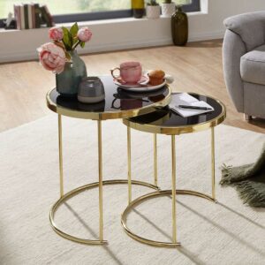 Möbel4Life Glasstisch Set in Schwarz und Goldfarben rund (zweiteilig)