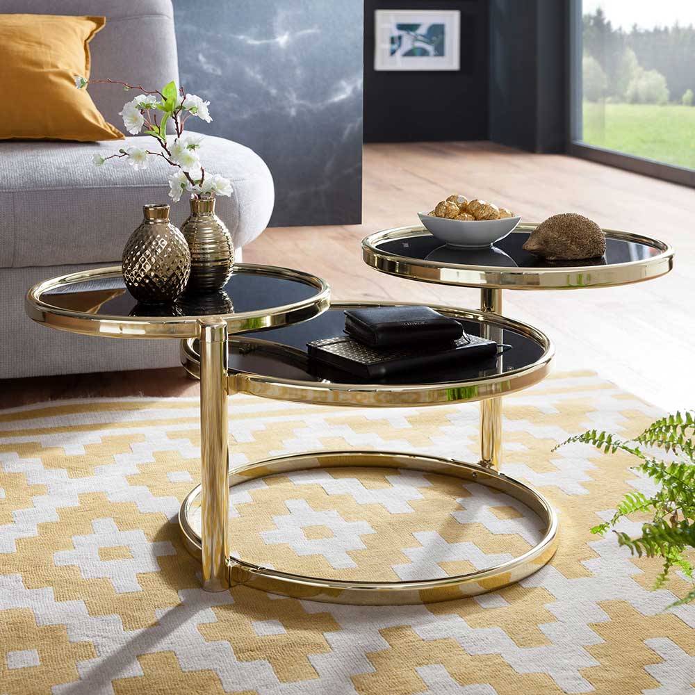 Möbel4Life Design Couchtisch im drei runden Glasplatten Schwarz und Goldfarben