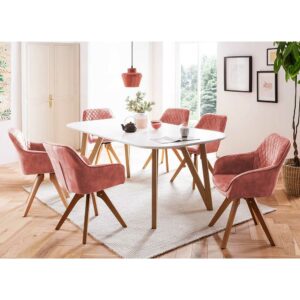 Rodario Esszimmereinrichtung mit rosa Stühlen Skandi Design (siebenteilig)