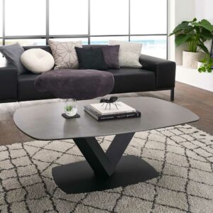 TopDesign Sofatisch mit V Gestell aus Sicherheitsglas Metall und Keramik