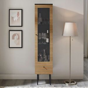 Rodario Schrank Vitrine schmal im Skandi Design einer Schublade