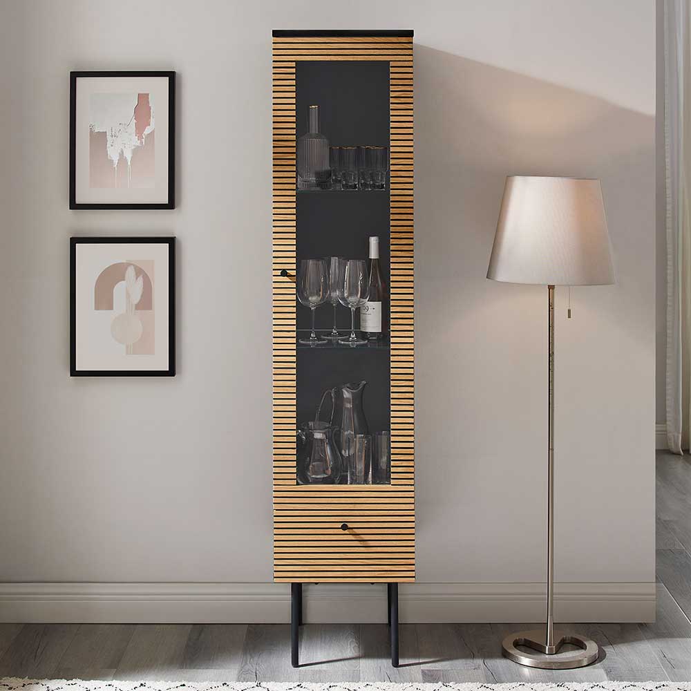 Rodario Schrank Vitrine schmal im Skandi Design einer Schublade