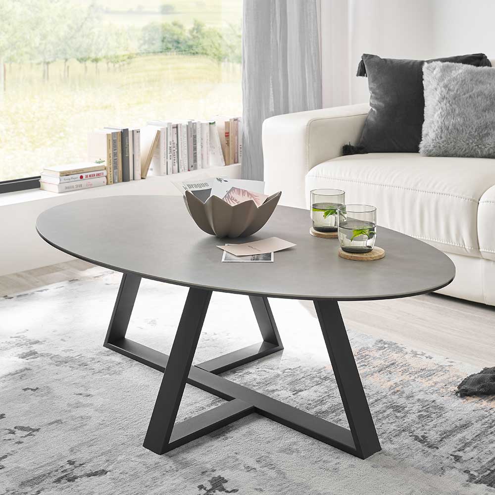 TopDesign Wohnzimmer Tisch oval aus Keramik Sicherheitsglas und Metall