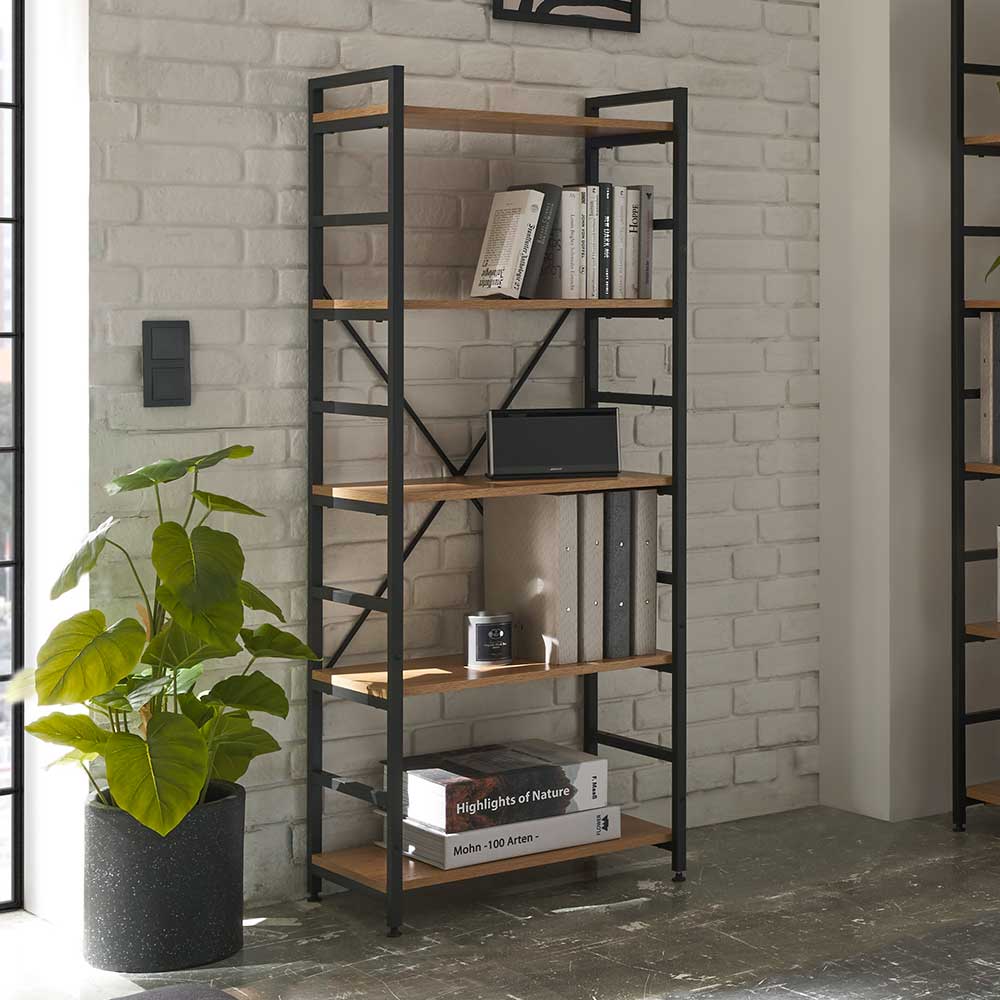 TopDesign Factory Bücher Regal in Wildeichefarben und Schwarz Industry und Loft Stil